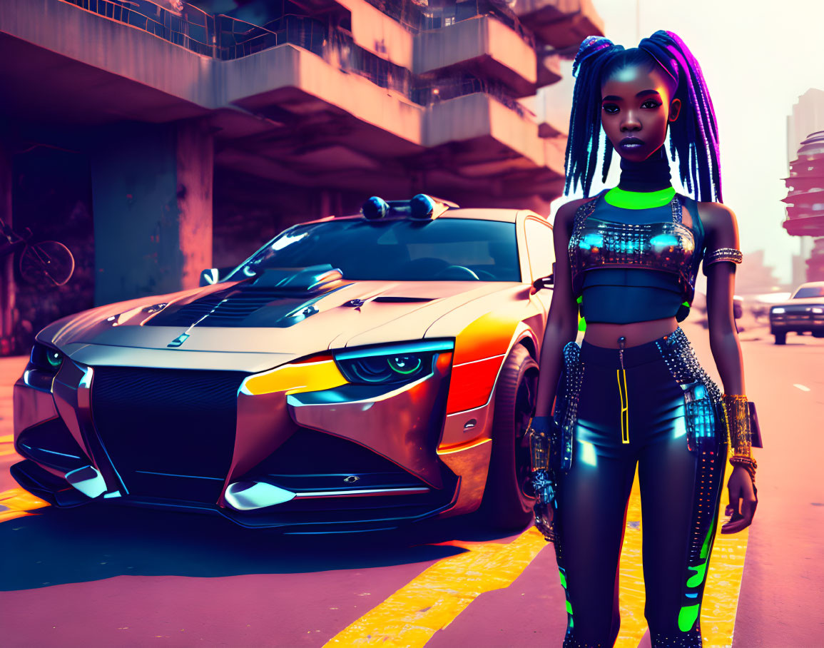 Futuristic woman with vibrant hair next to modified sports car in neon-lit urban setting