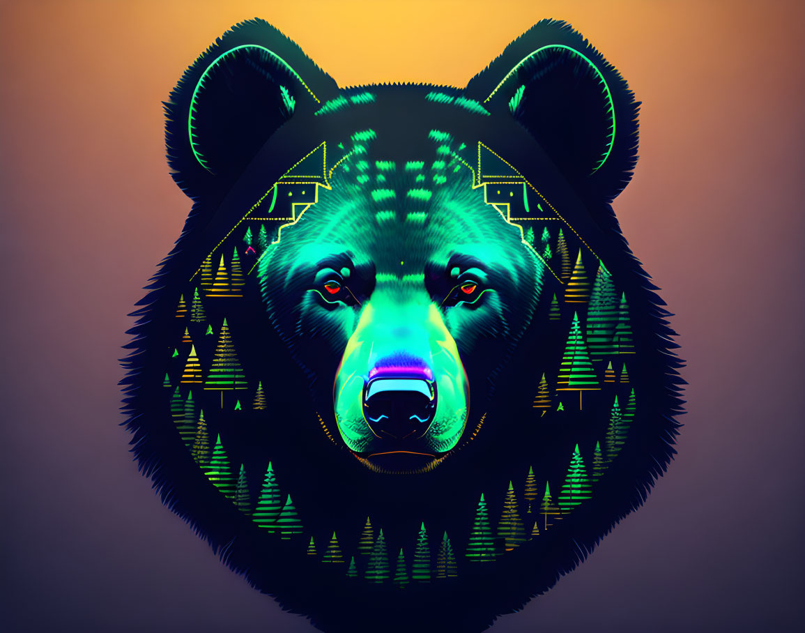 Colorful Bear Art with Neon Outlines and Forest Silhouette on Gradient Background