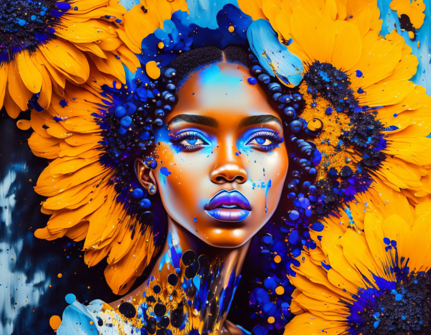 Woman's portrait with bold blue tones and sunflowers in vibrant artwork
