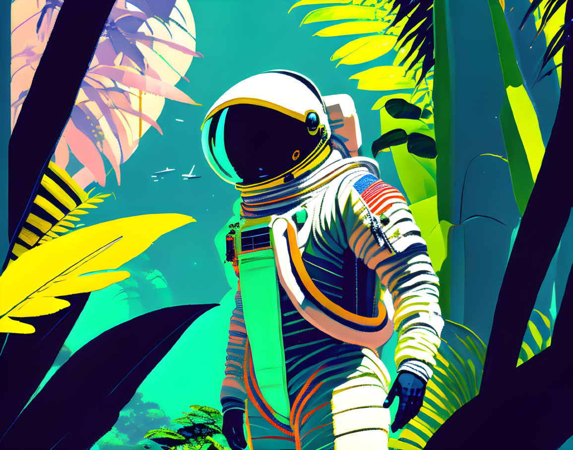 Astronaut in white space suit among vibrant tropical foliage under teal sky