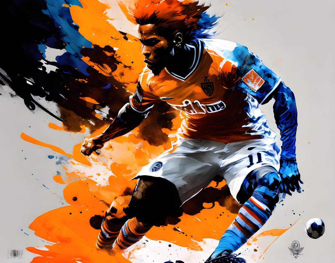 Dynamic Soccer Player Artwork with Orange and Blue Paint Splashes