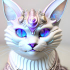 White Cat Digital Artwork with Cosmic Eyes and Jeweled Headdress