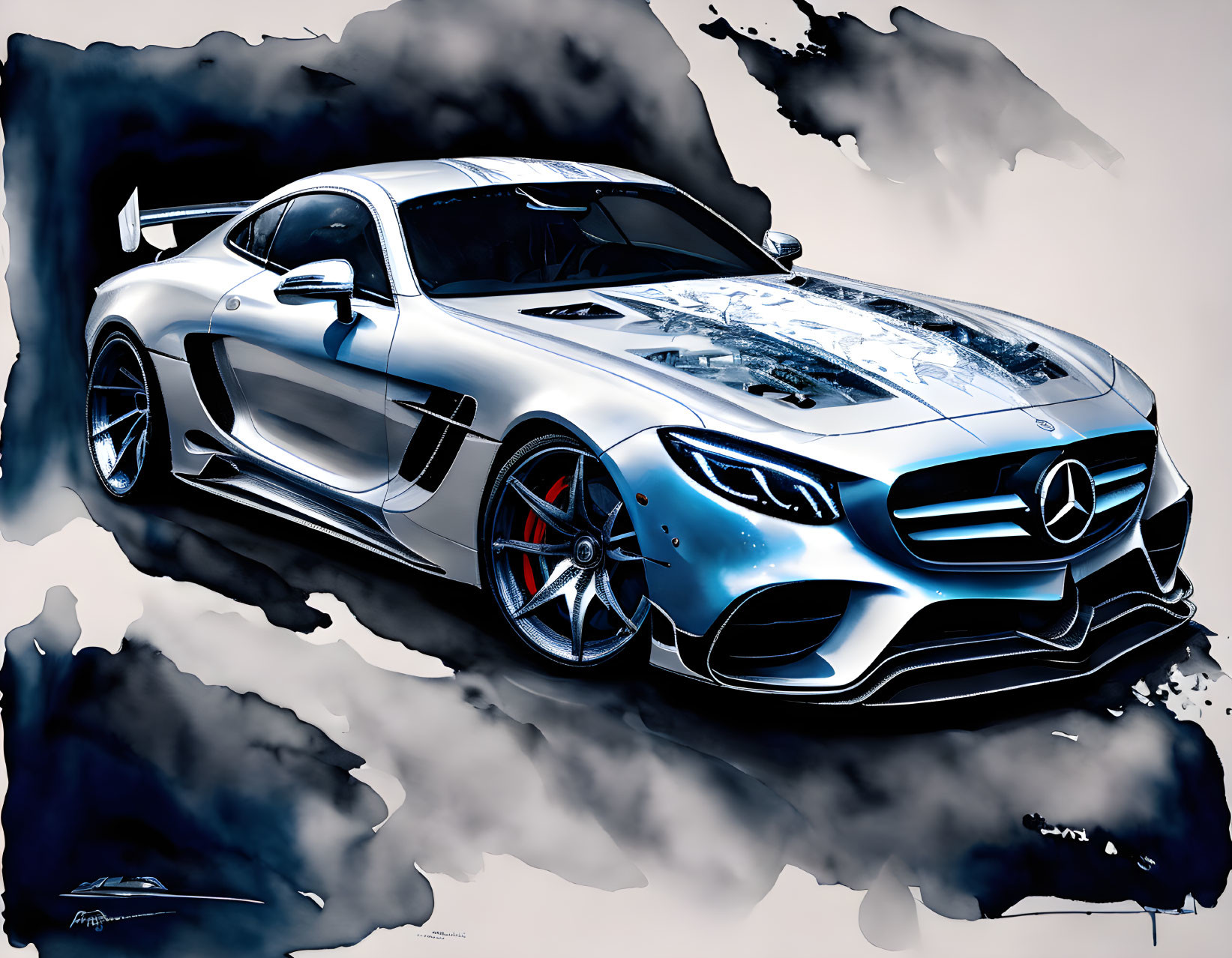 Silver Mercedes Benz Sports Car with Dynamic Lines on Abstract Dark Background