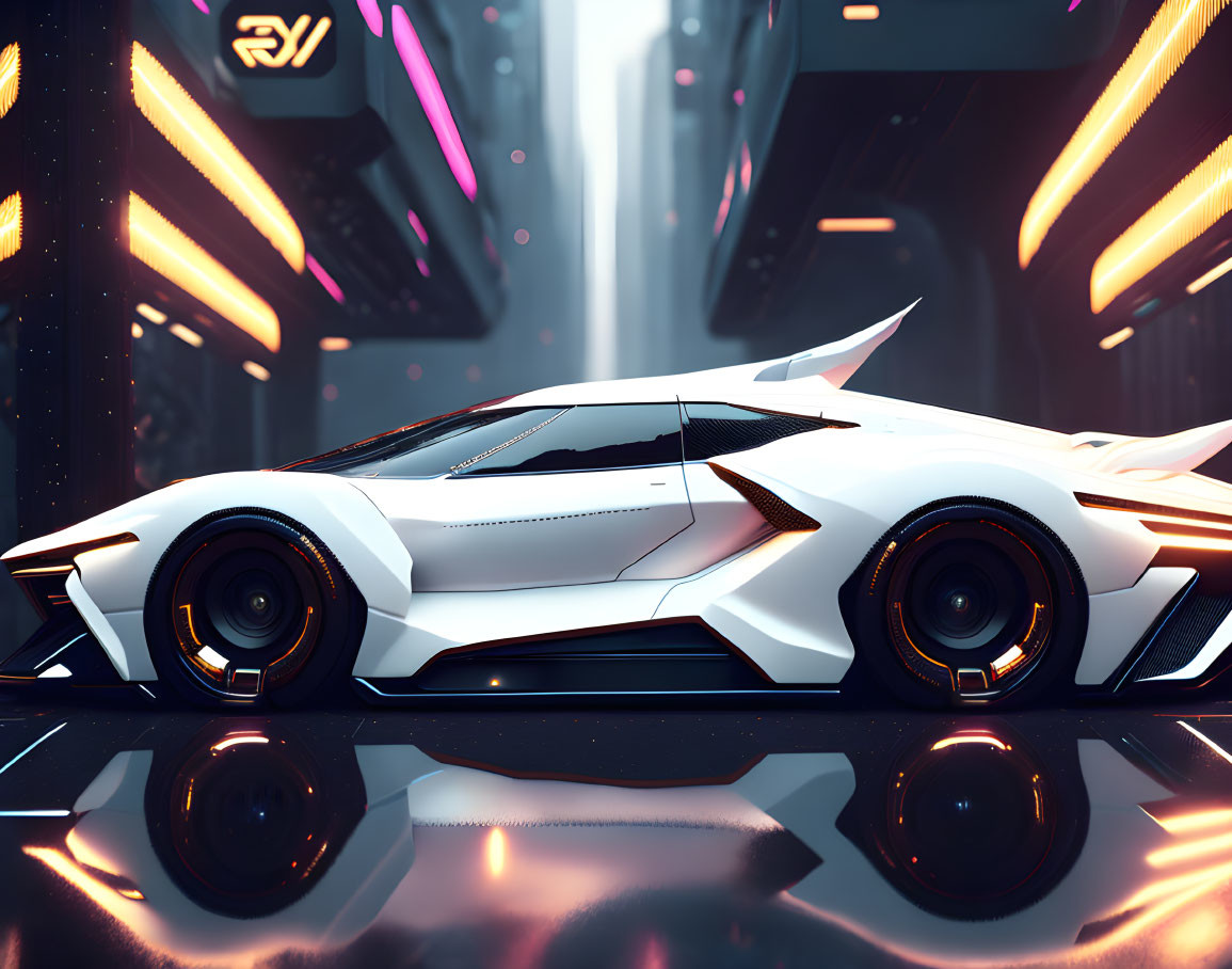 Futuristic White Sports Car with Sharp Angles in Neon-Lit Urban Setting