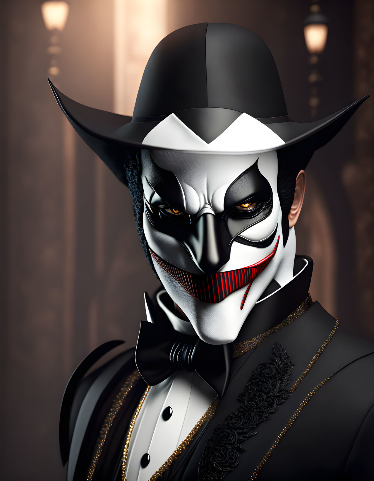 Character illustration: Cowboy hat, black mask with red accents, tuxedo, bow tie