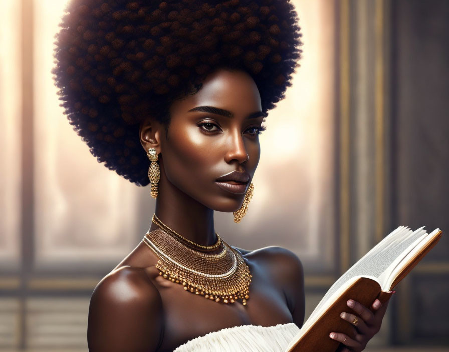 Illustration of woman with afro hairstyle reading book in classical interior.