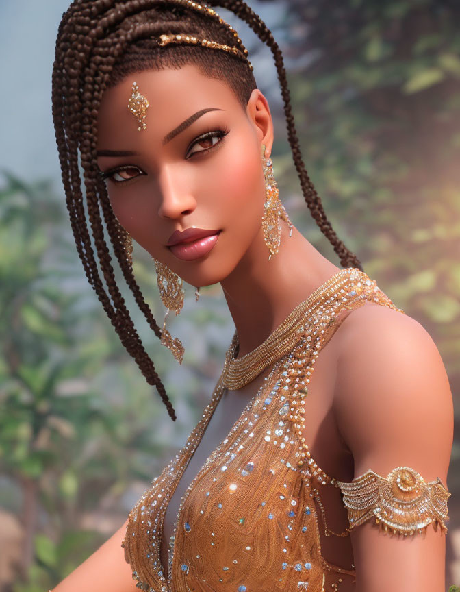 Elegantly adorned woman with braided hair and gold jewelry poses gracefully