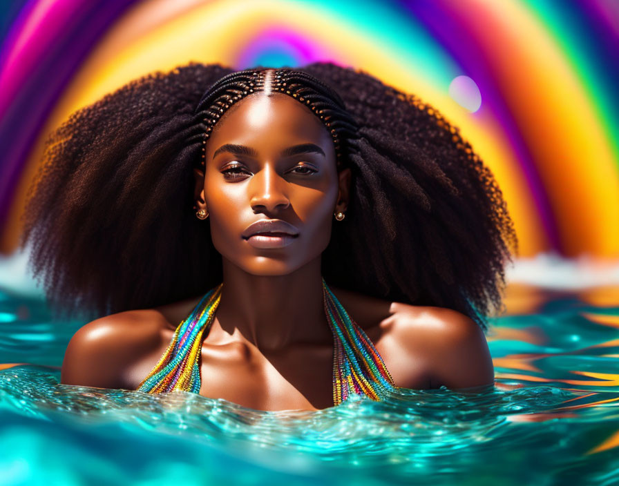 Floating woman with braided hair in water with rainbow-like arc