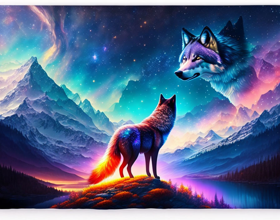 Vibrant digital art: colorful wolf on cliff with cosmic sky
