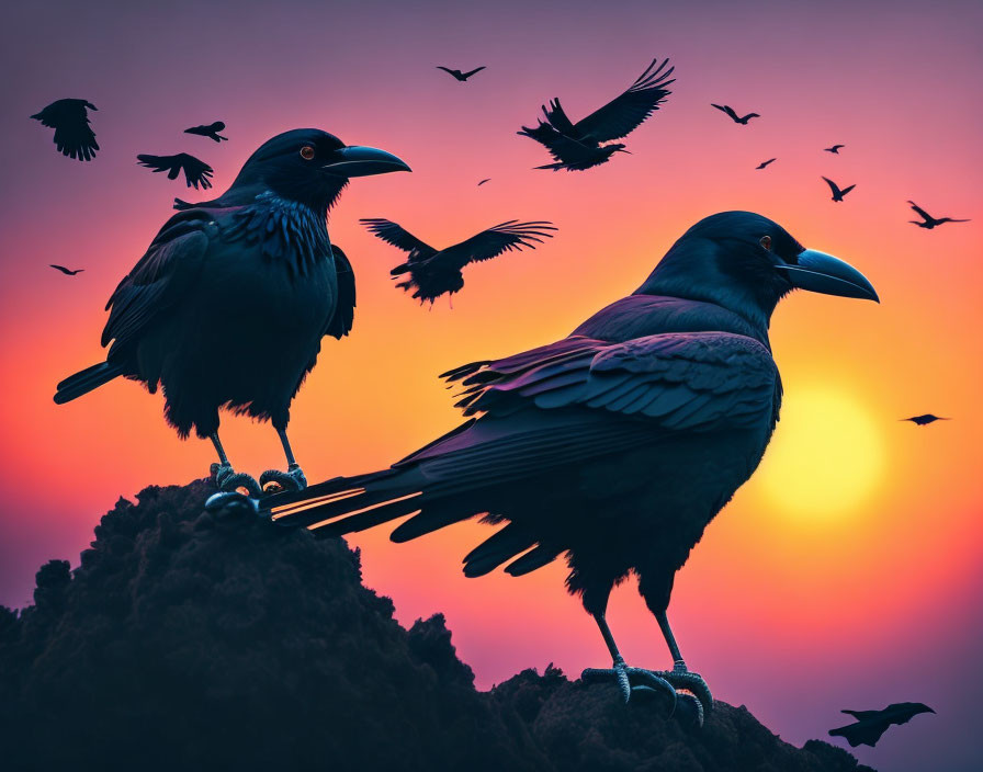 Ravens perched in dramatic orange and purple sunset sky