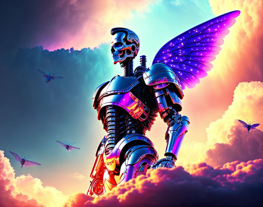 Colorful digital art: Skull-headed robot with wings in vibrant sky.