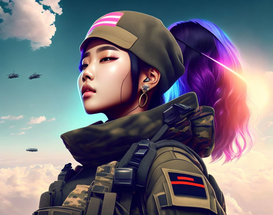 Digital artwork of female soldier with stylish hair and cap in dramatic sky with helicopters