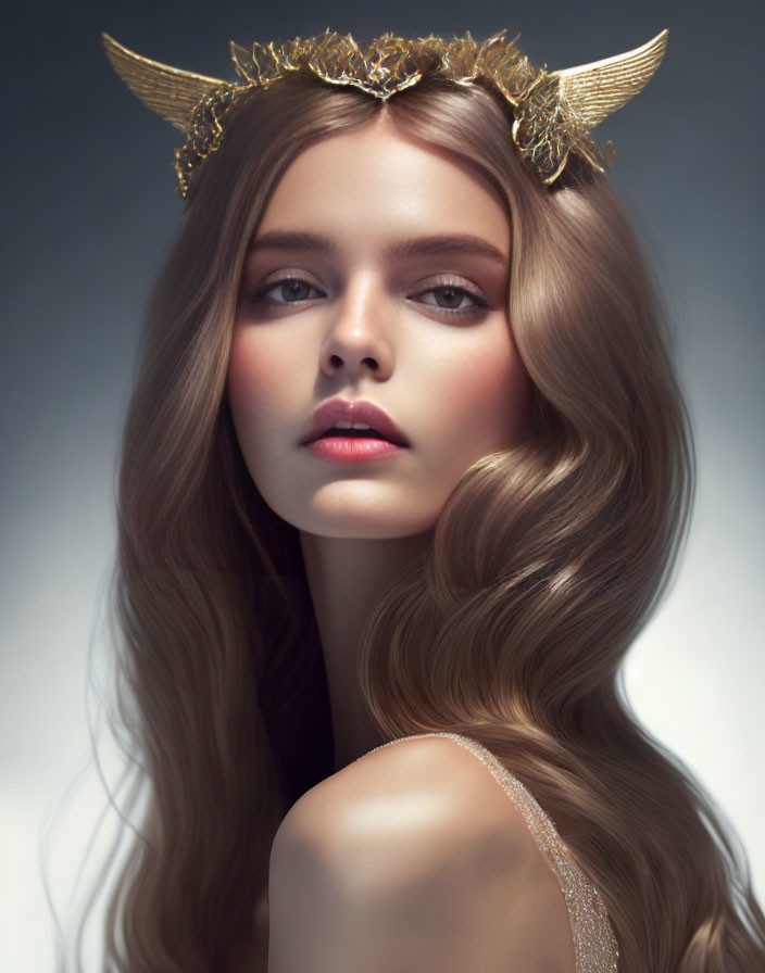 Long Wavy Hair Woman with Golden Horn-like Headpiece