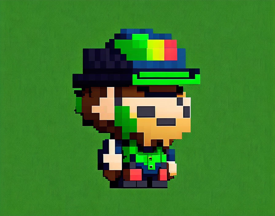Character with Hat and Green Scarf in Pixel Art on Green Background