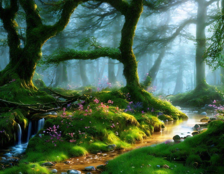 Tranquil stream with moss-covered trees and pink flowers in misty forest