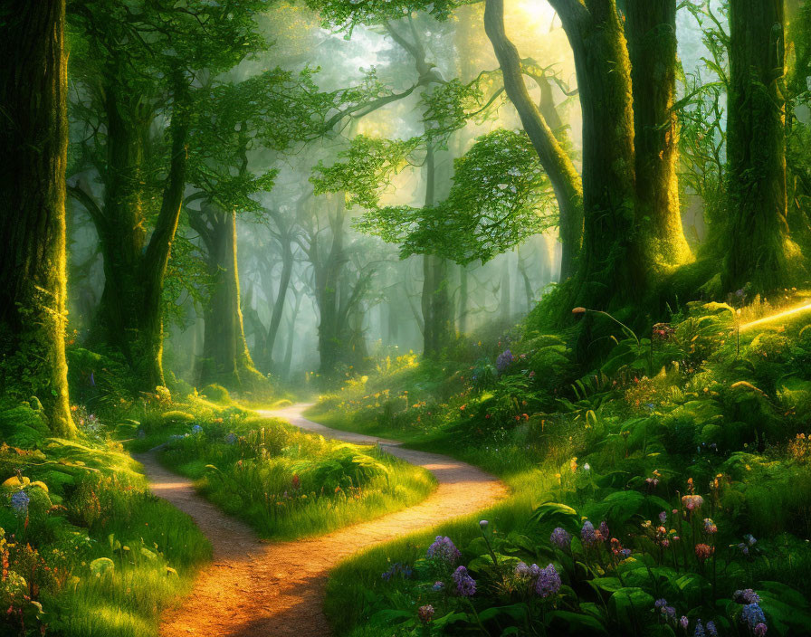Sunlit forest path through lush greenery and towering trees with mystical atmosphere