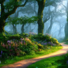 Tranquil stream with moss-covered trees and pink flowers in misty forest
