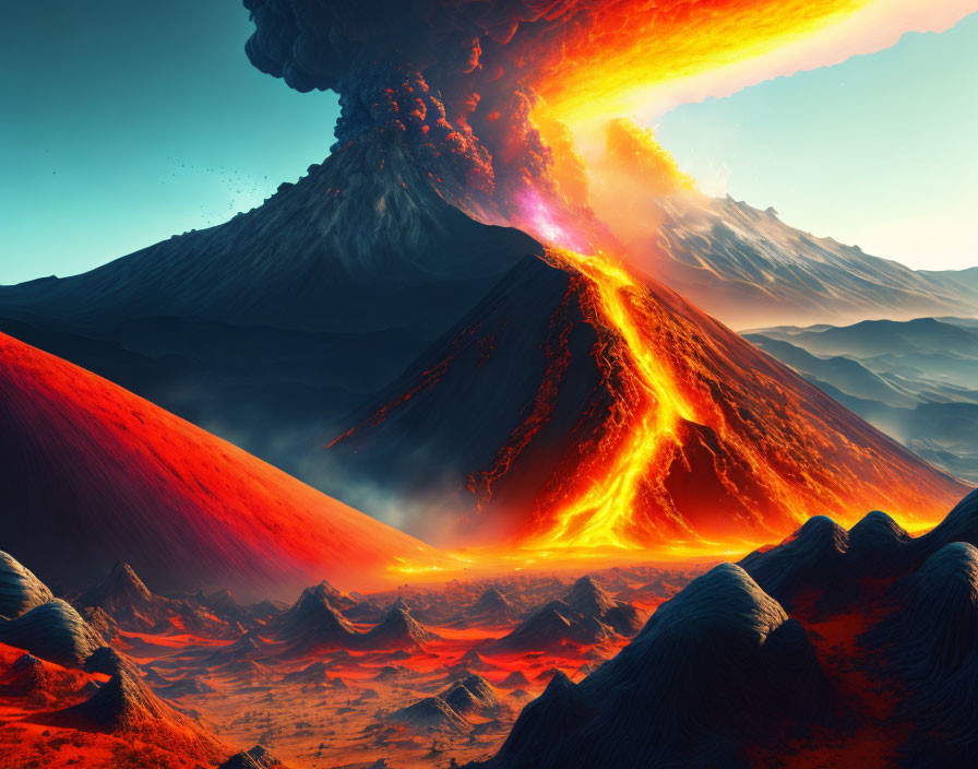 Erupting volcano with flowing lava and fiery sky