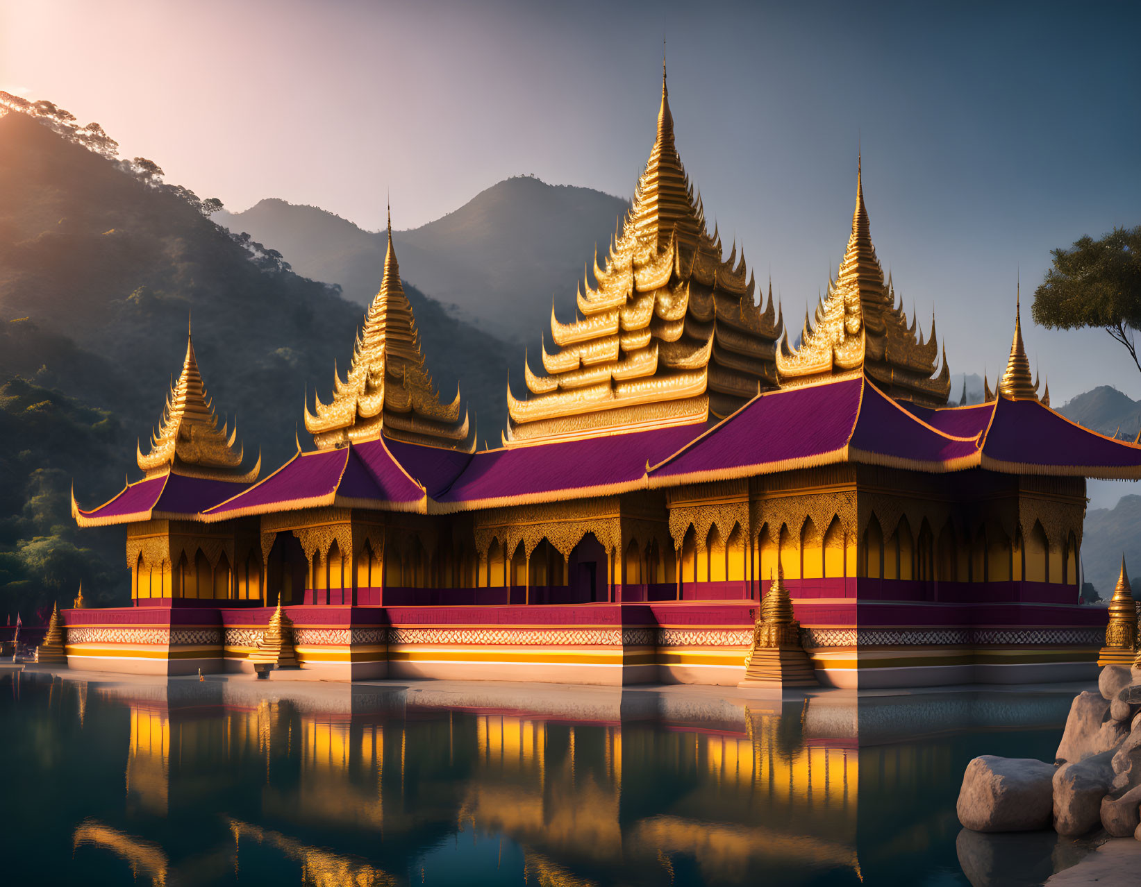 Golden Buddhist temple with spires reflected in water and mountains in warm sunset light