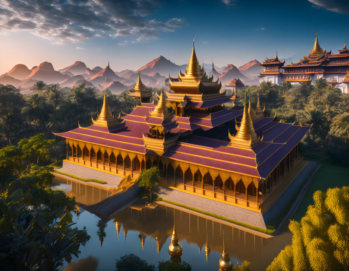 Golden-roofed palace complex surrounded by lush greenery and hills at sunrise