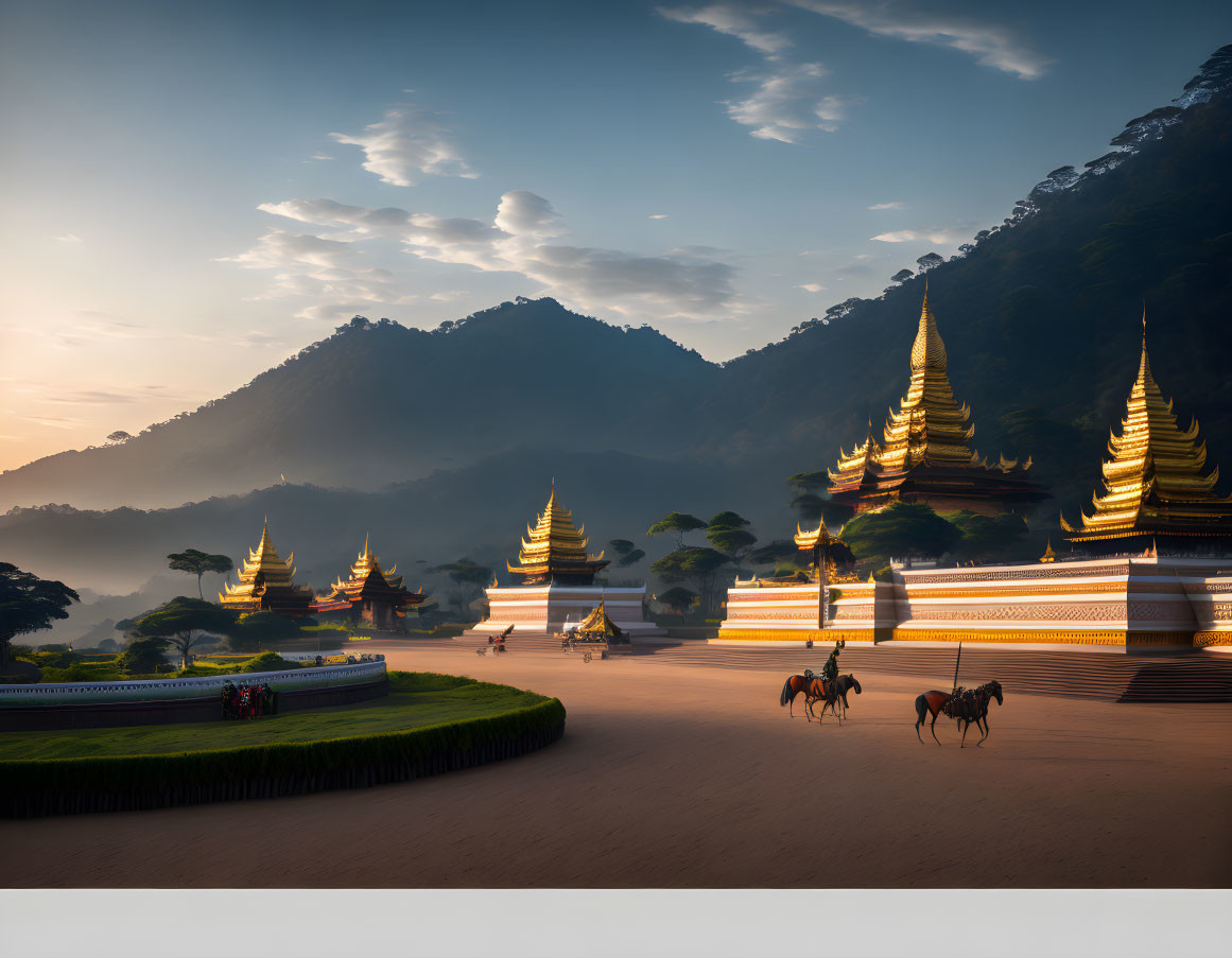 Golden Stupa Temple Complex in Mountain Landscape at Sunrise