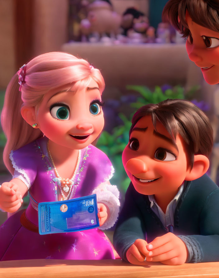 Two animated children in purple dress and brown vest sharing a joyful moment with a smartphone