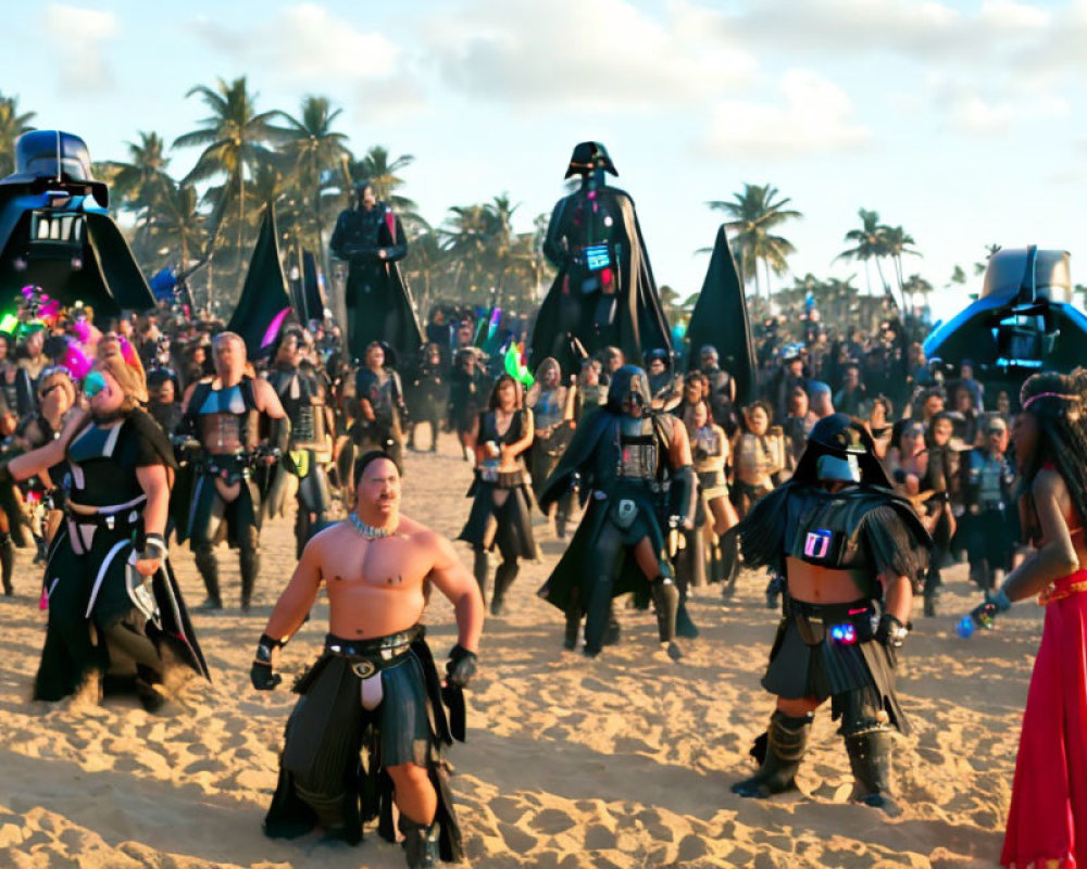 Cosplayers in Darth Vader attire at beach event with palm trees.