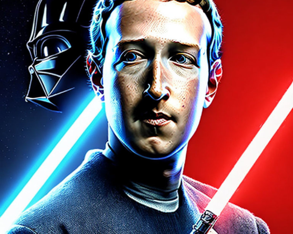 Sci-fi character with lightsaber and Darth Vader-like figure in red and blue setting