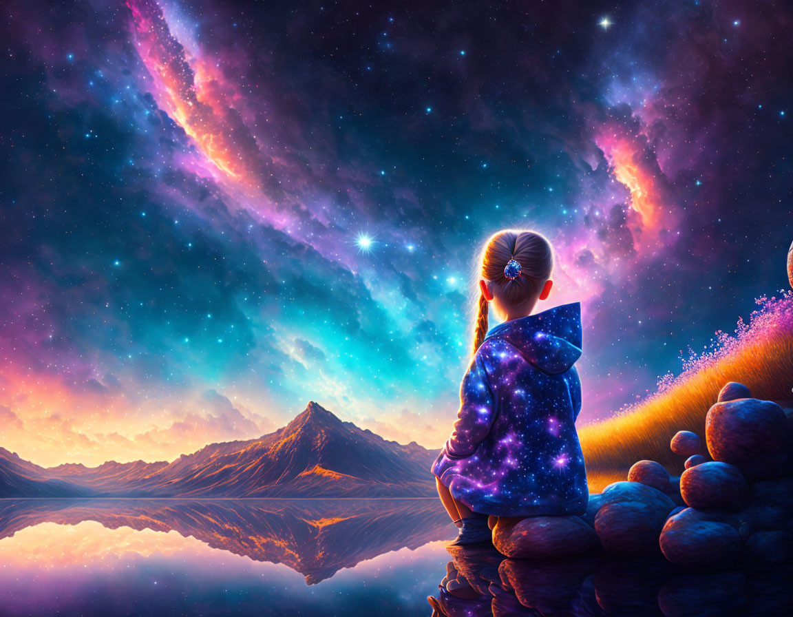 Girl in Galaxy-Themed Outfit by Tranquil Lake at Twilight