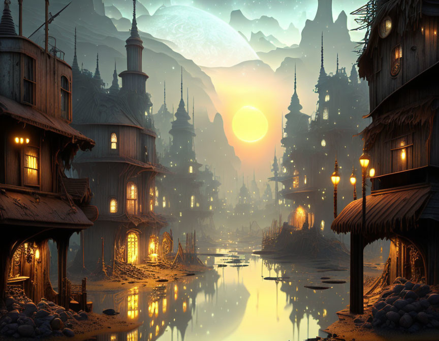 Twilight cityscape with traditional buildings by calm river