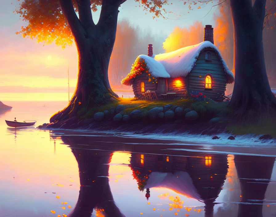 Tranquil lakeside autumn scene with cozy cottage and warm lights