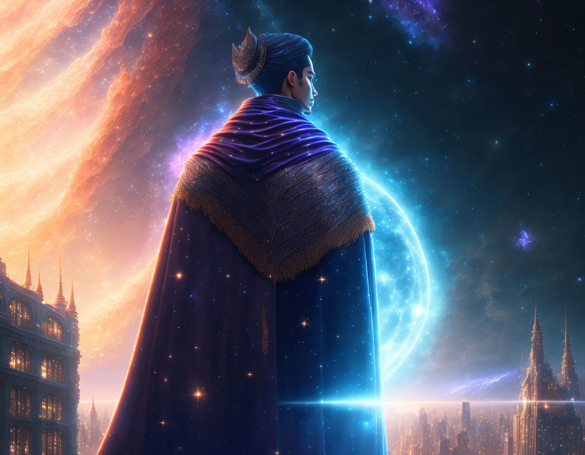 Regal figure in ornate cape against cosmic backdrop and intricate skyline
