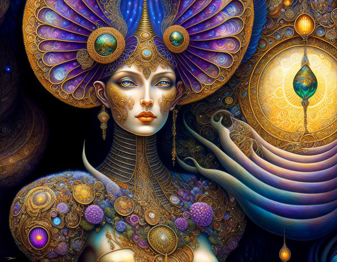 Fantastical female figure with peacock headdress in mystical setting