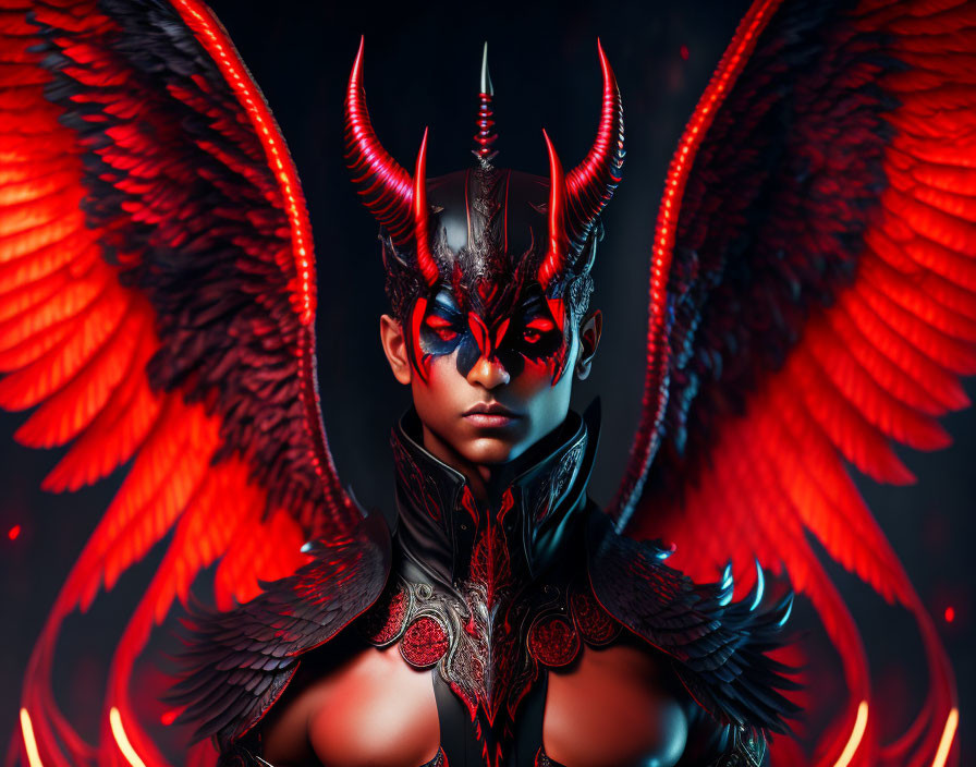 Portrait of a person with red and black demonic makeup, horns, wings