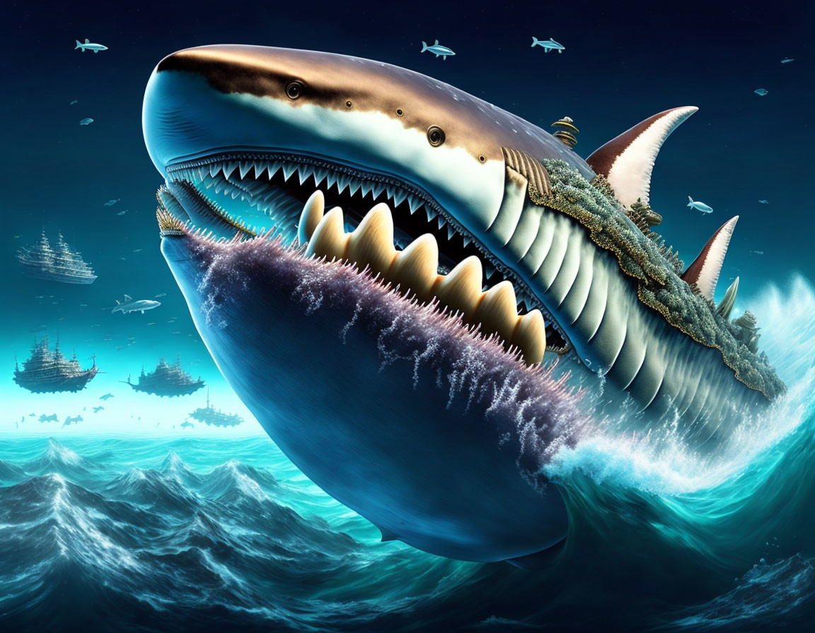 Giant shark with sharp teeth and crocodile-like scales in dark ocean with ships under starry sky