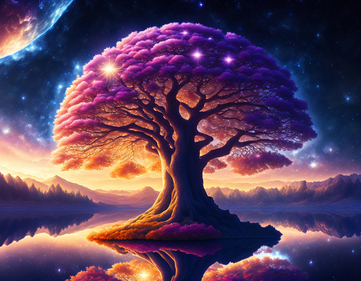 Majestic purple tree digital artwork with glowing lights, starry night sky, and crescent moon