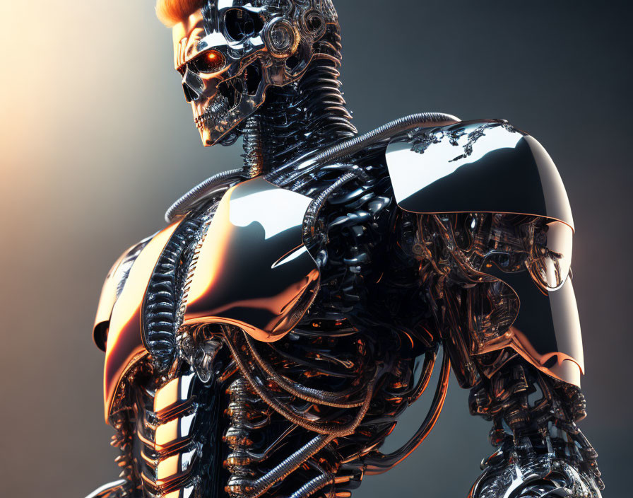 Detailed Metallic Robot with Exposed Mechanics & Glowing Orange Skull