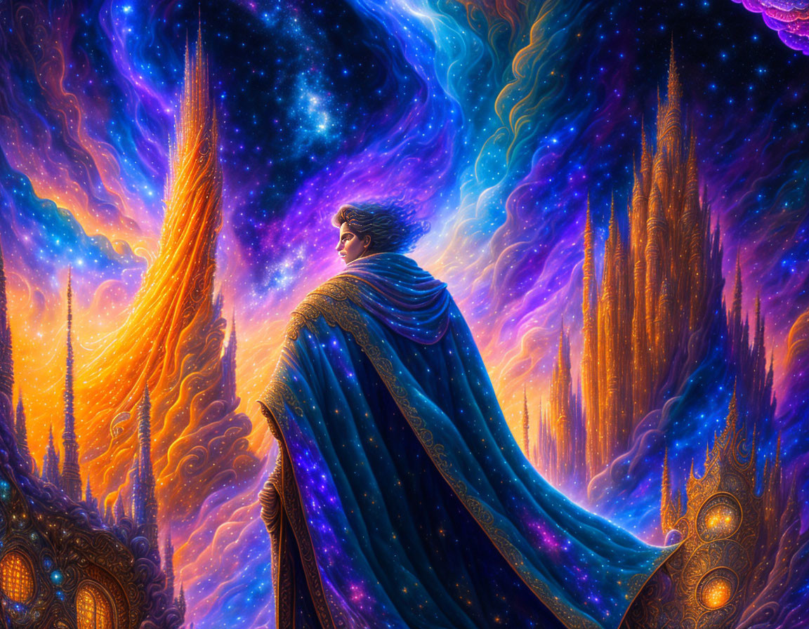 Digital artwork of person in starry cloak admiring cosmic landscape