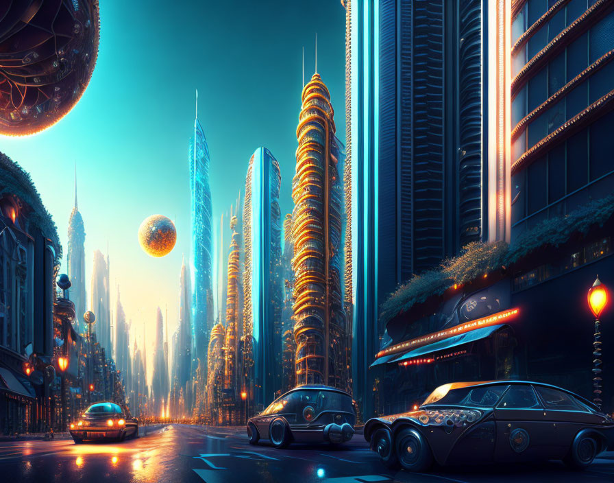 Futuristic cityscape at twilight with neon lights and advanced architecture