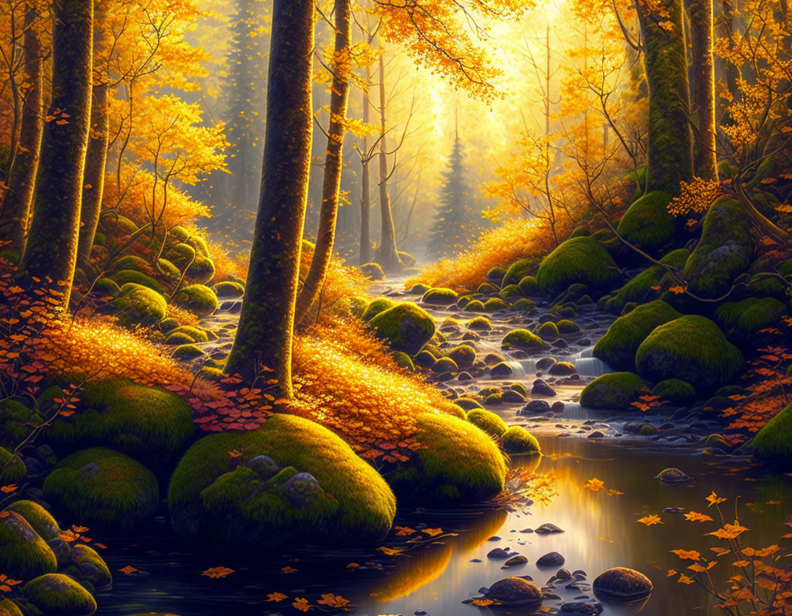 Tranquil Autumn Forest with Sunlight, Stream, and Moss-covered Rocks