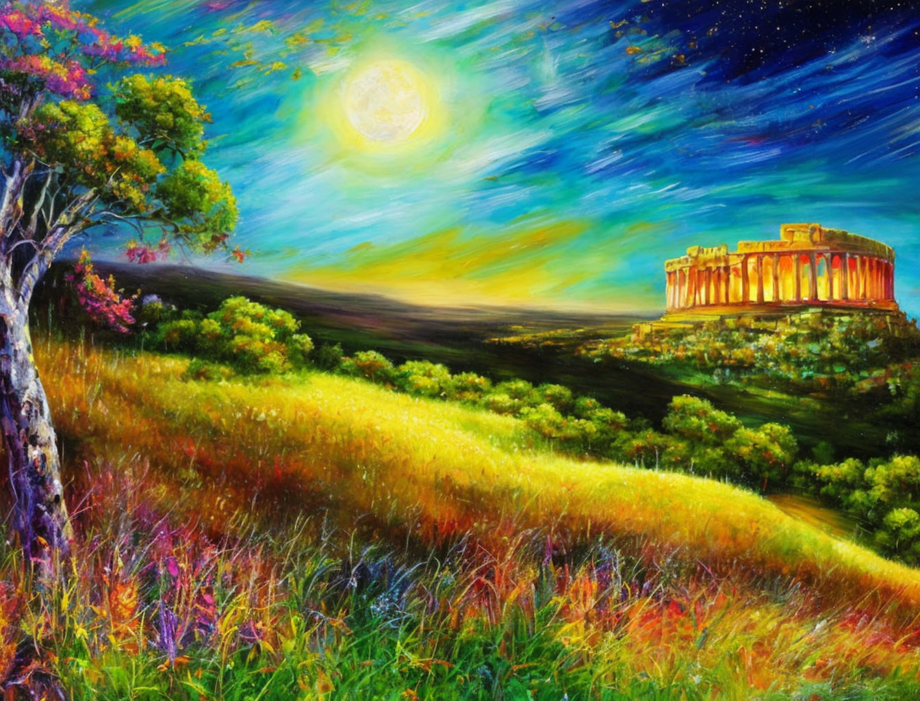 Moonlit landscape with Acropolis on hill in vibrant painting