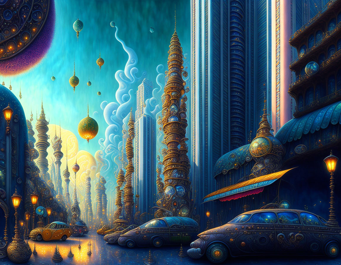Futuristic sci-fi cityscape with towering buildings and floating orbs