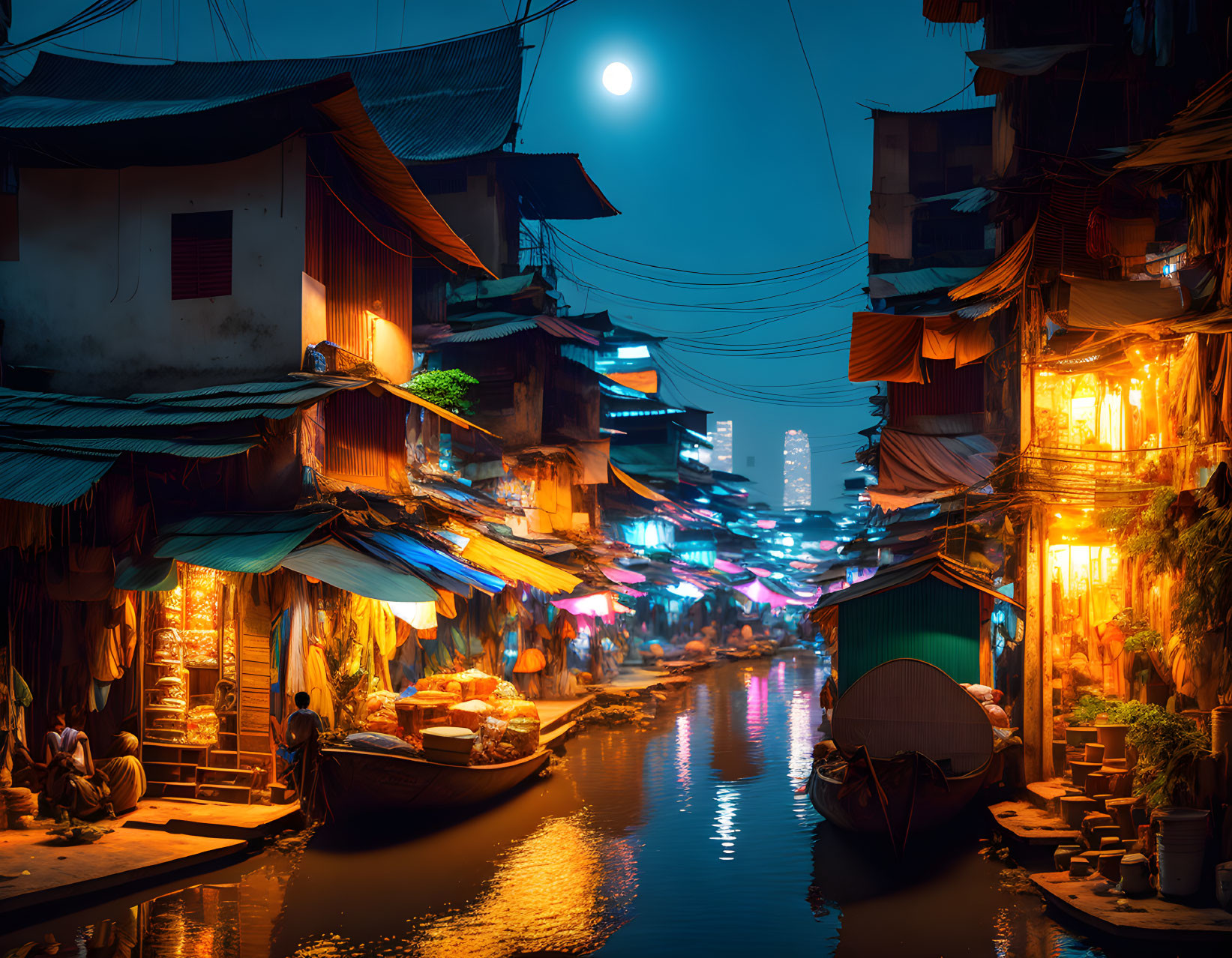 Colorful night market by canal with illuminated stalls, boats, and city skyline under full moon