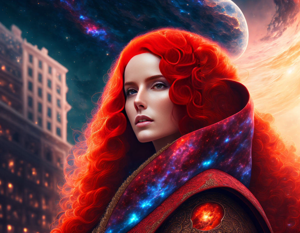 Digital Artwork: Woman with Red Hair in Cosmic Cloak against Cityscape