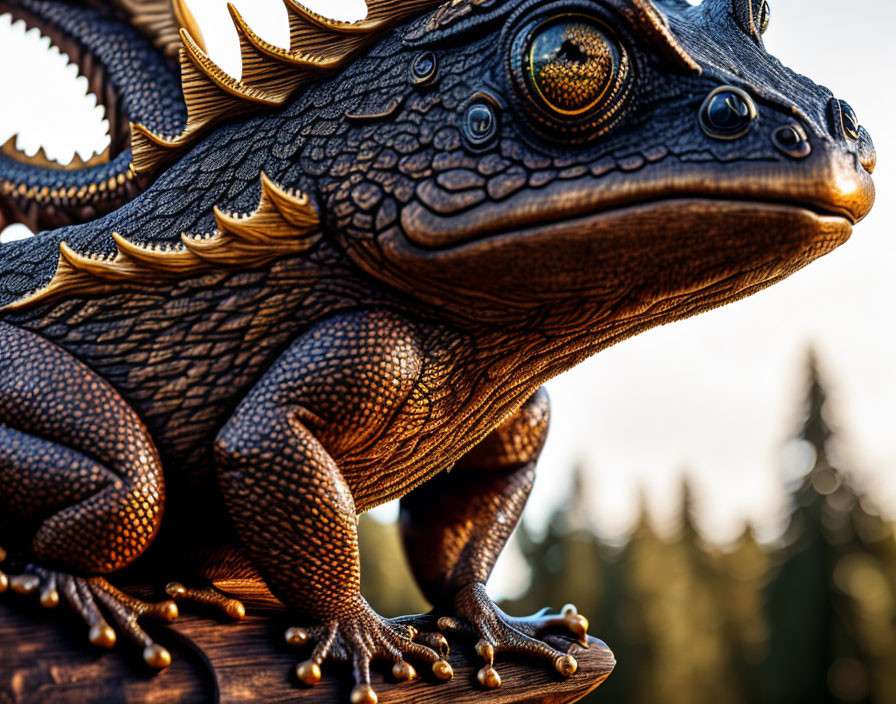 Intricate dragon statue with detailed scales and spikes in natural setting