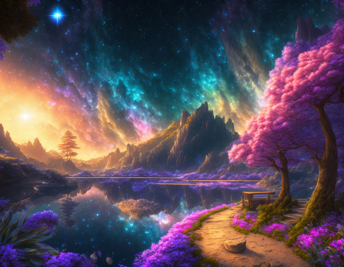 Fantasy landscape: pink trees, reflective lake, starry sky, auroras, mountains