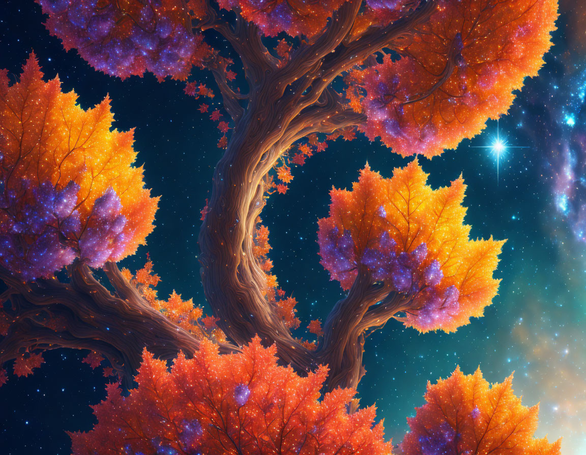Vibrant digital artwork: Magical tree with orange leaves under starry sky