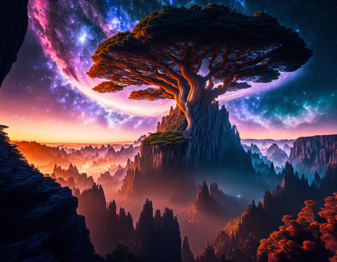 Majestic tree on cliff overlooking valley under swirling galaxy night sky