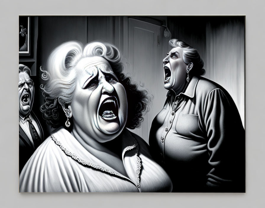 Monochrome artwork of three individuals with exaggerated expressions screaming or singing, creating a dramatic ambiance