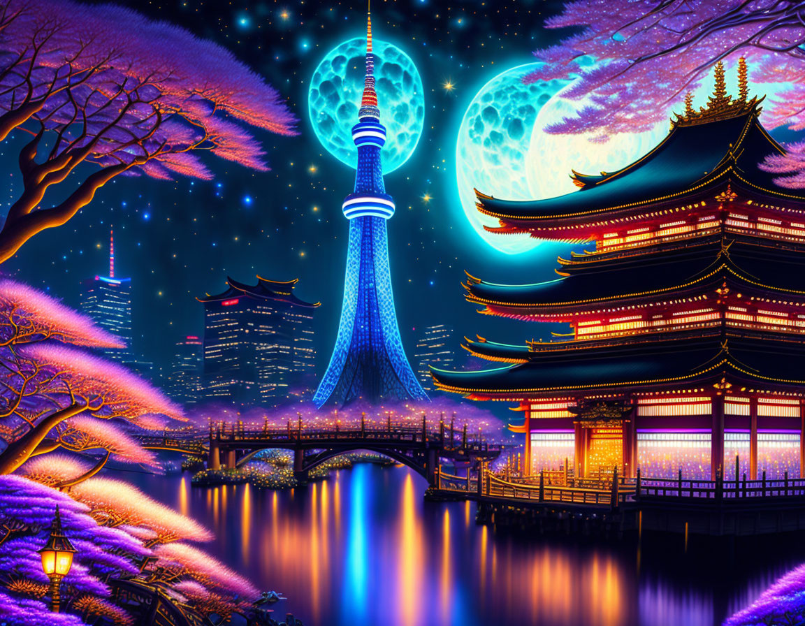Fantastical cityscape illustration with spire, pagodas, cherry blossoms, bridge,